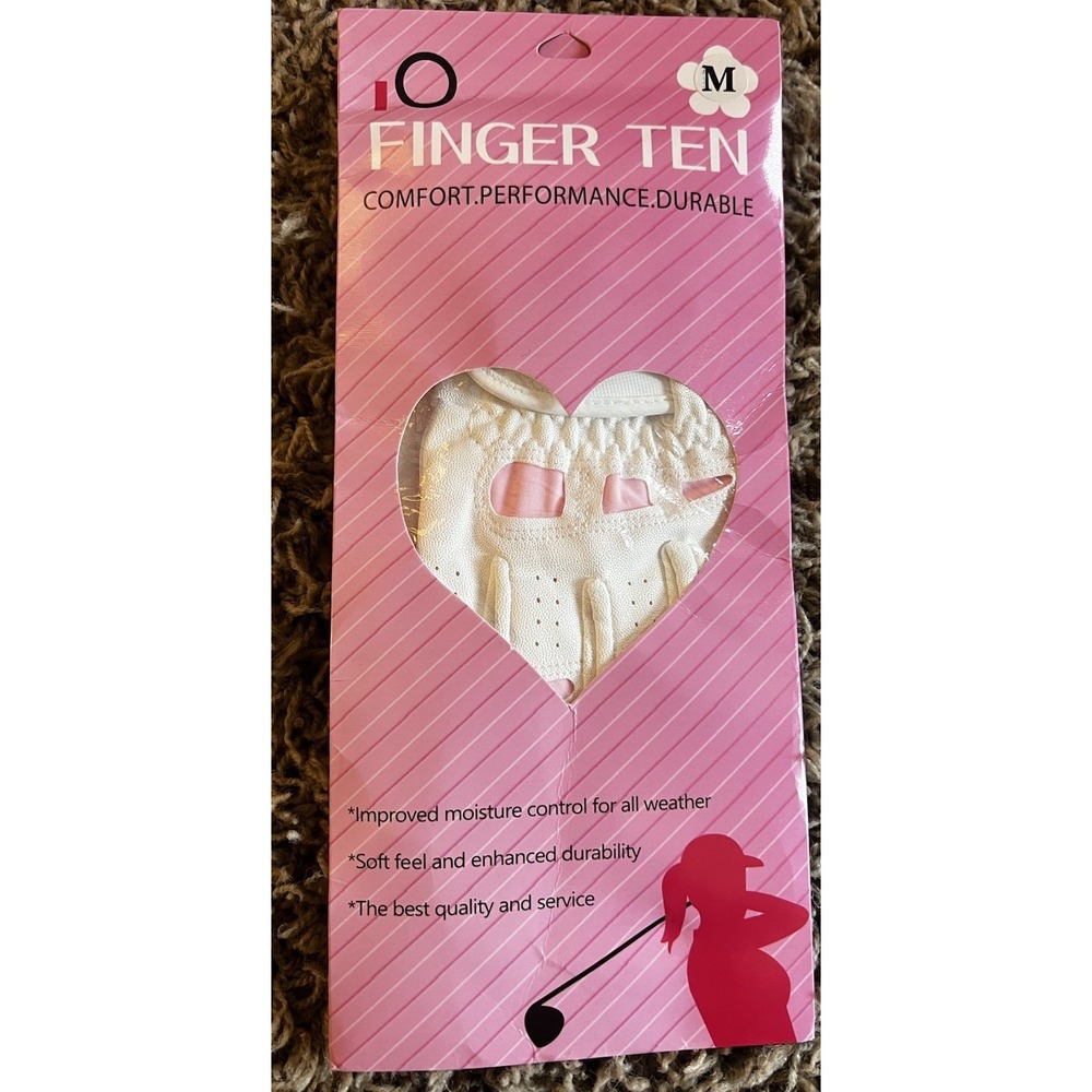 Finger Ten Women's Golf Glove Size Med LH Pink & White All Weather Moisture Cont